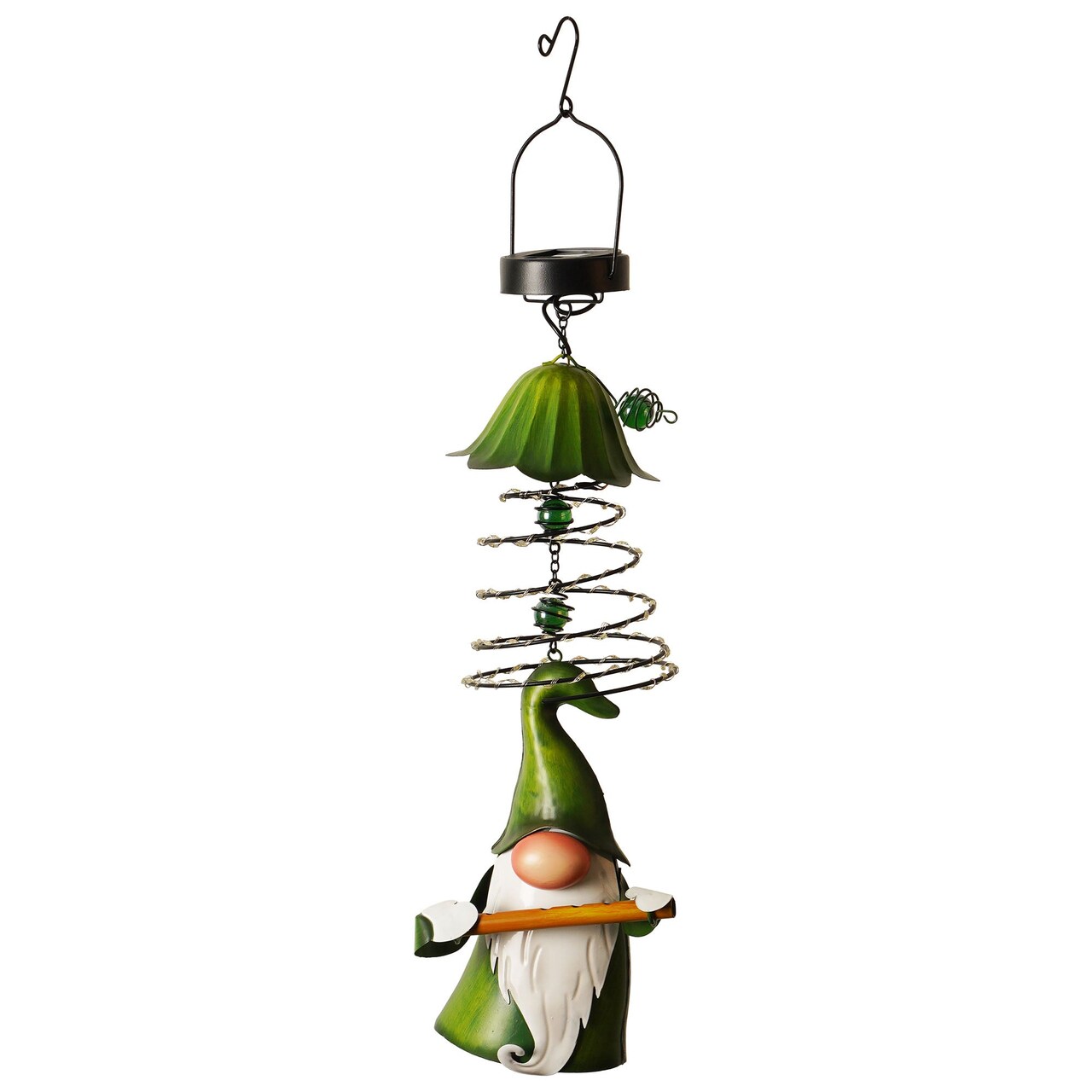 G128 Solar Garden Gnome Hanging Outdoor Decoration | Green Hat Gnome with Flute, LED Lights Color Changing, Colorful Yard Art for Lawn Patio Backyard